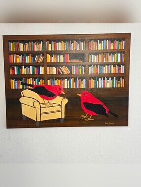 Original Folk Art Painting Birds in the House Library Lynne Alexander 18x24
